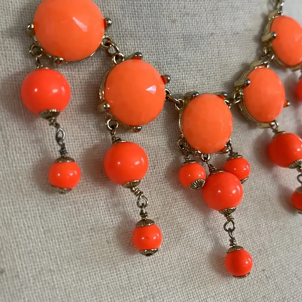 J.Crew bright orange beads with gold tone  statement necklace 9.5”